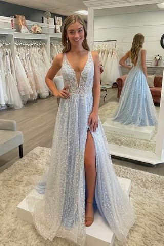 Light Blue Lace A Line V Neck Long Prom Dresses with High Slit, Light Blue Lace Formal Evening Dresses WT1140