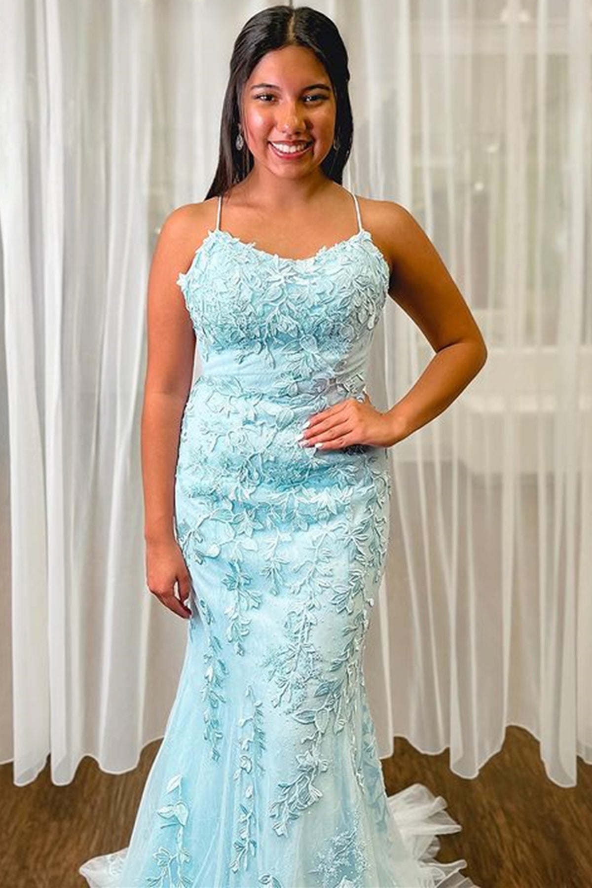 Light Blue Lace Backless Mermaid Long Prom Dresses, Light Blue Lace Fo Lwt Dress Light Blue Lace Backless Mermaid Long Prom Dresses, Light Blue Lace Fo Lwt Dress