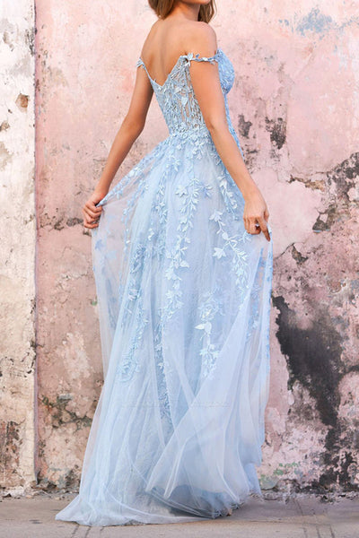 Light Blue Lace Off the Shoulder Long Prom Dresses, Light Blue Lace Formal Dresses, Blue Evening Dresses WT1080