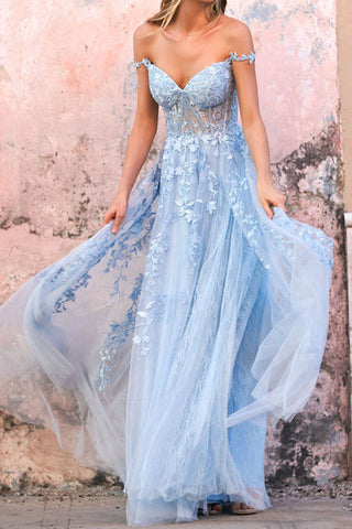 Light Blue Lace Off the Shoulder Long Prom Dresses, Light Blue Lace Formal Dresses, Blue Evening Dresses WT1080