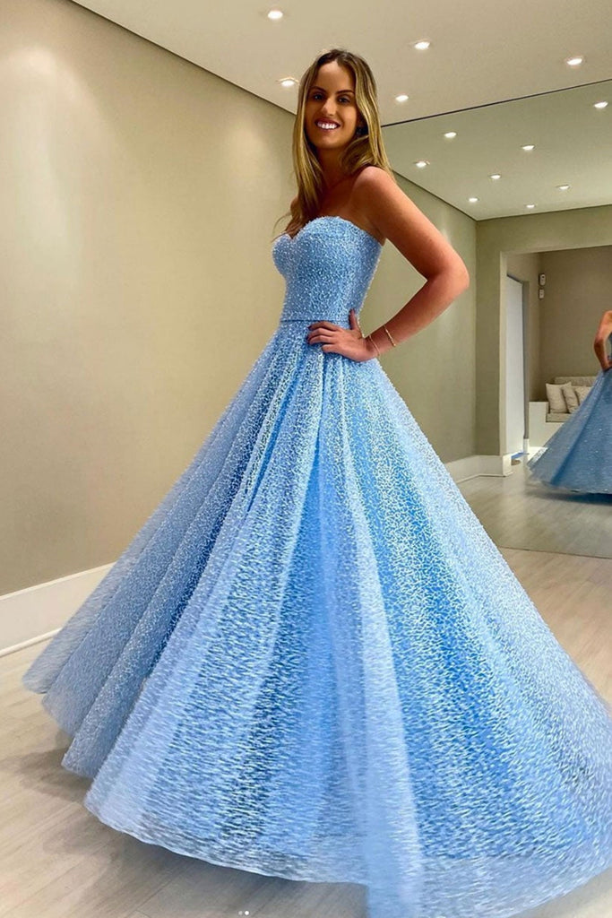 Light Blue Lace Sweetheart Neck Long Prom Dresses, Strapless Light Blu Lwt Dress Light Blue Lace Sweetheart Neck Long Prom Dresses, Strapless Light Blu Lwt Dress
