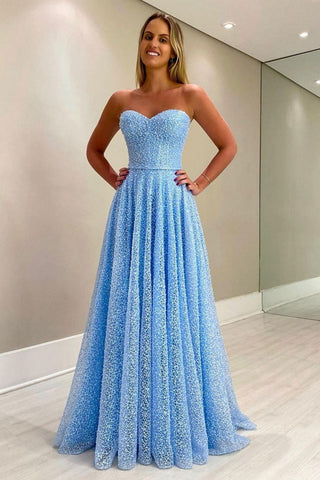 Light Blue Lace Sweetheart Neck Long Prom Dresses, Strapless Light Blue Formal Dresses, Light Blue Lace Evening Dresses