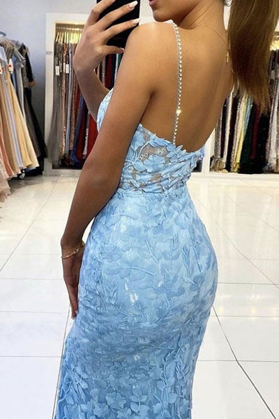 Light Blue Lace V Neck Mermaid Long Prom Dresses with High Slit, Mermaid Light Blue Lace Formal Evening Dresses WT1068