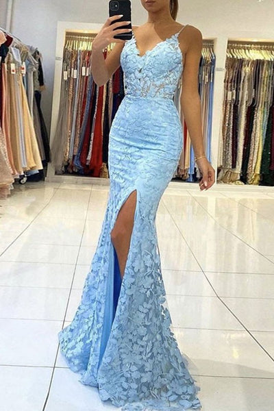 Light Blue Lace V Neck Mermaid Long Prom Dresses with High Slit, Mermaid Light Blue Lace Formal Evening Dresses WT1068