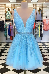 Light Blue Lace V Neck Short Prom Dresses with Belt, Light Blue Lace Homecoming Dresses, V Neck Blue Formal Evening Dresses