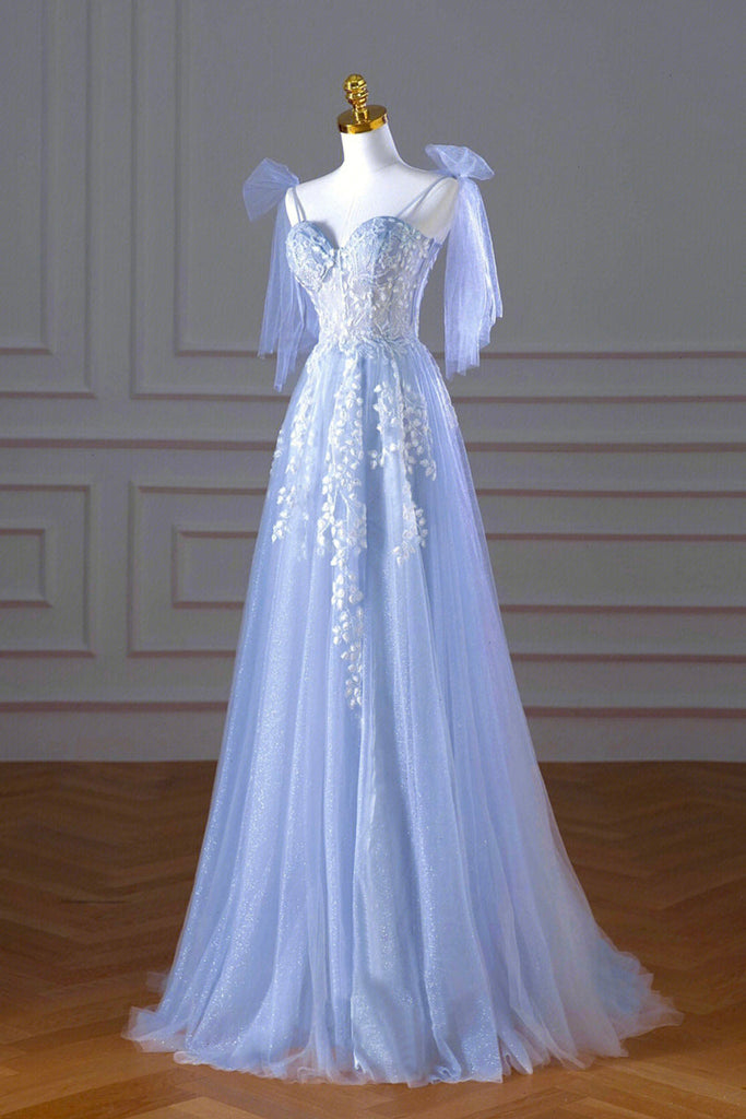 Light Blue Tulle A Line Lace Long Prom Dresses, Light Blue Lace Formal