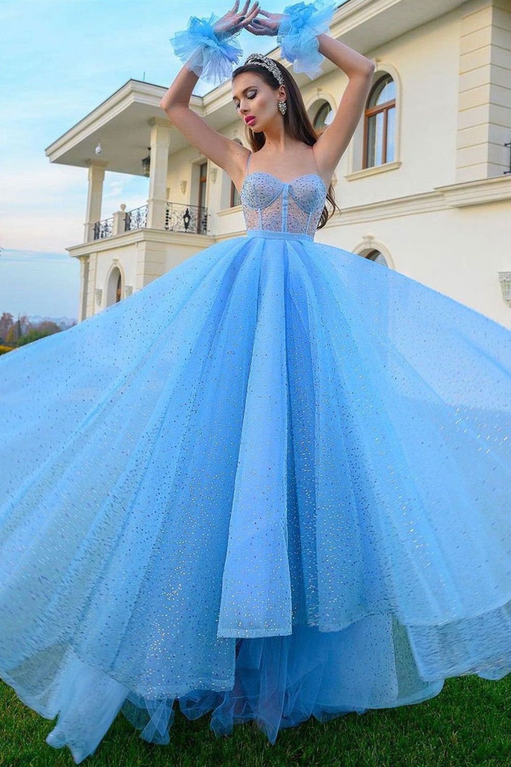 Light Blue Tulle Sweetheart Neck Long Prom Dresses, Shiny Light Blue Formal Evening Dresses
