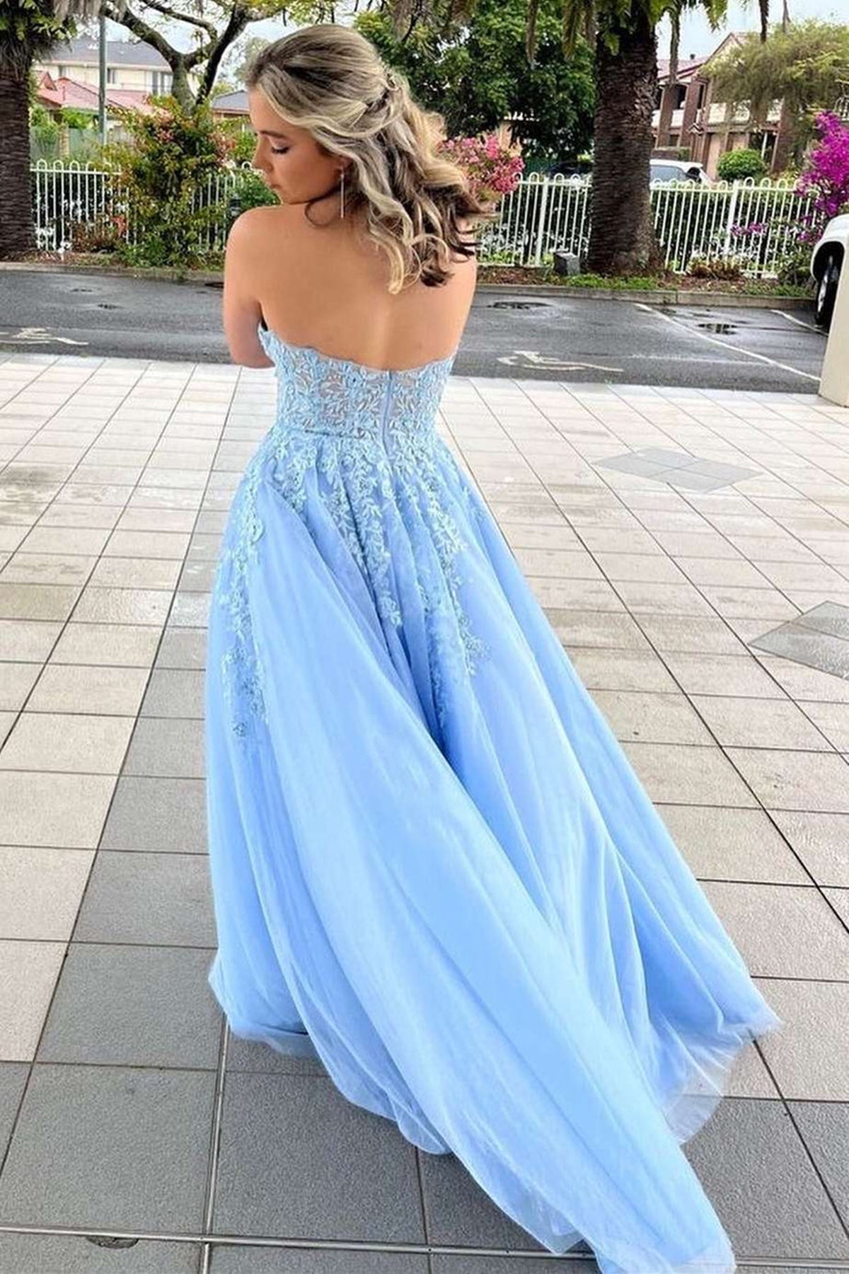 Light Blue Tulle Sweetheart Neck Strapless Lace Long Prom Dresses, Lig   Lwt Dress