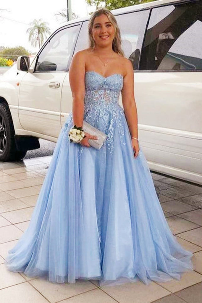 Light Blue Tulle Sweetheart Neck Strapless Lace Long Prom Dresses, Lig Lwt Dress Light Blue Tulle Sweetheart Neck Strapless Lace Long Prom Dresses, Lig Lwt Dress