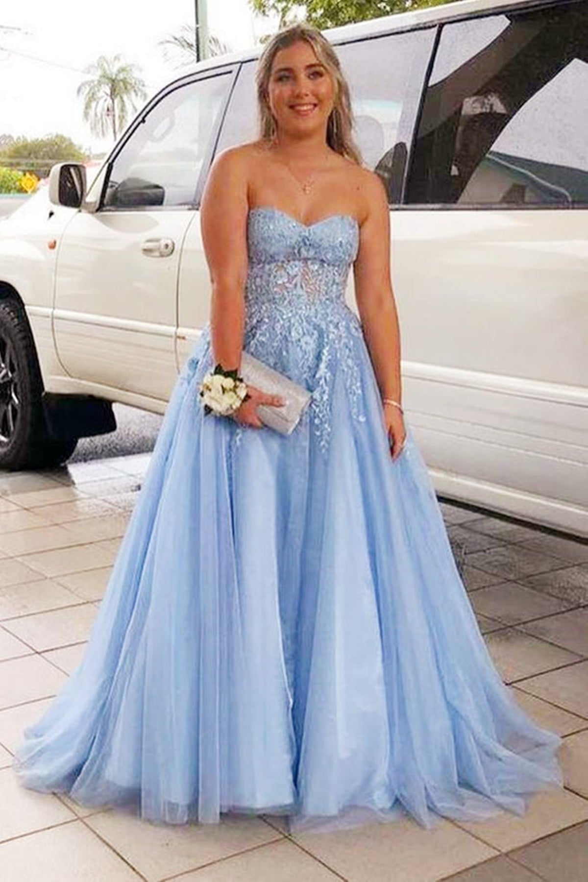 Light Blue Tulle Sweetheart Neck Strapless Lace Long Prom Dresses, Lig Lwt Dress Light Blue Tulle Sweetheart Neck Strapless Lace Long Prom Dresses, Lig Lwt Dress