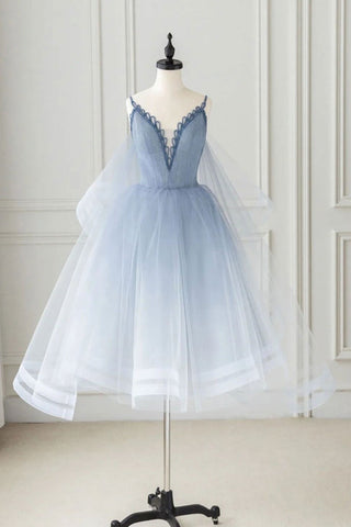 Light Blue Tulle V Neck Backless Short Prom Homecoming Dresses, V Neck Light Blue Formal Graduation Evening Dresses
