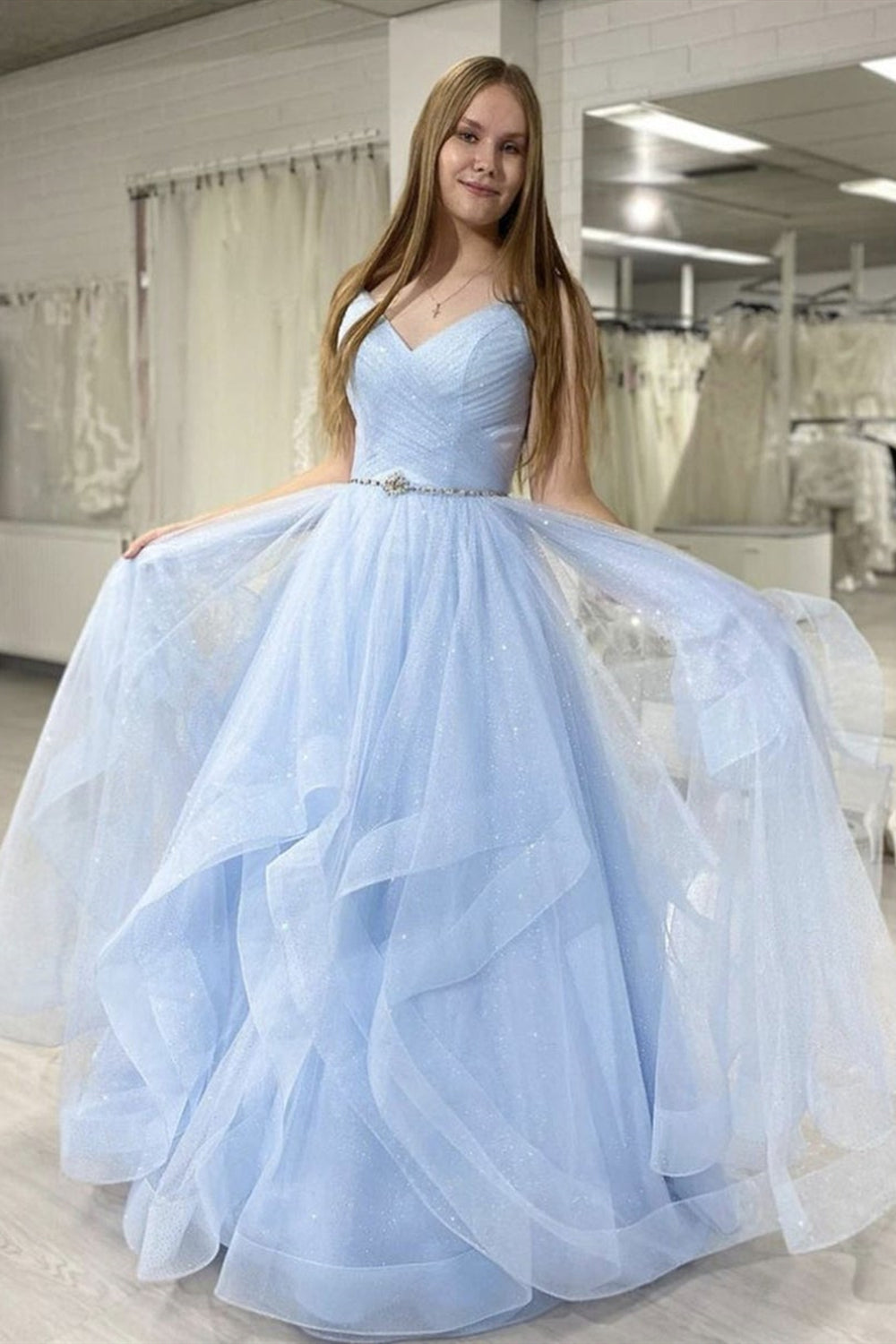 Light Blue Tulle V Neck Long Prom Dresses with Belt, V Neck Light Blue Formal Evening Dresses