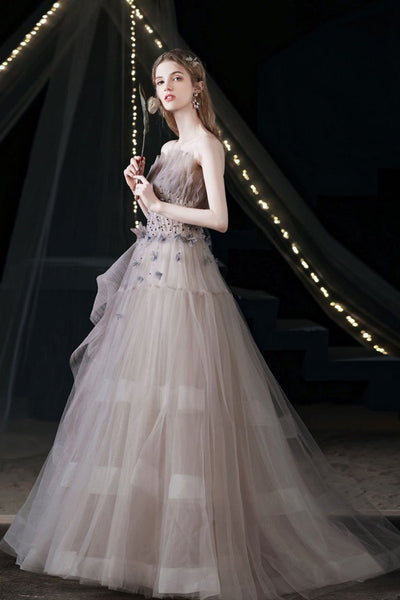 Light Champagne Tulle Long Prom Dresses with Sequins, Long Champagne Formal Evening Dresses