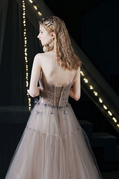 Light Champagne Tulle Long Prom Dresses with Sequins, Long Champagne Formal Evening Dresses