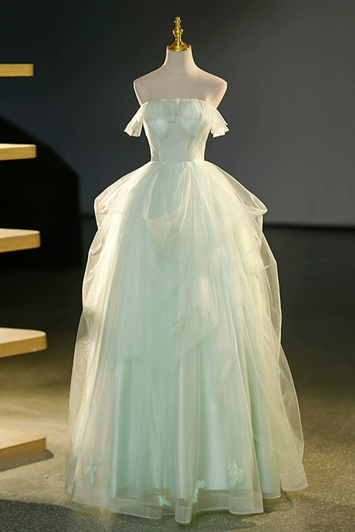 Light Green Strapless Long Prom Dresses, Light Green Tulle Formal Even