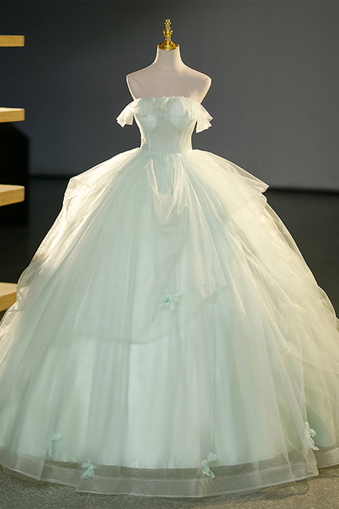 Light Green Strapless Long Prom Dresses, Light Green Tulle Formal Even