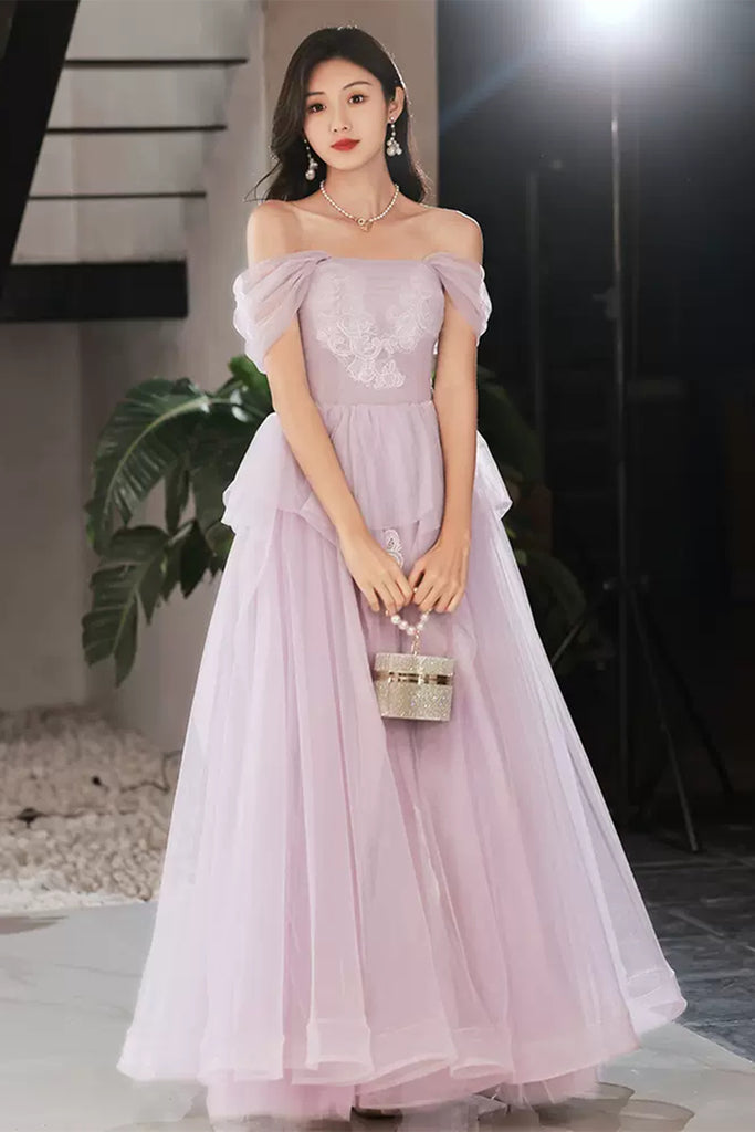 Light Purple Tulle Off Shoulder Lace Long Prom Dresses, Purple Lace Fo Lwt Dress Light Purple Tulle Off Shoulder Lace Long Prom Dresses, Purple Lace Fo Lwt Dress
