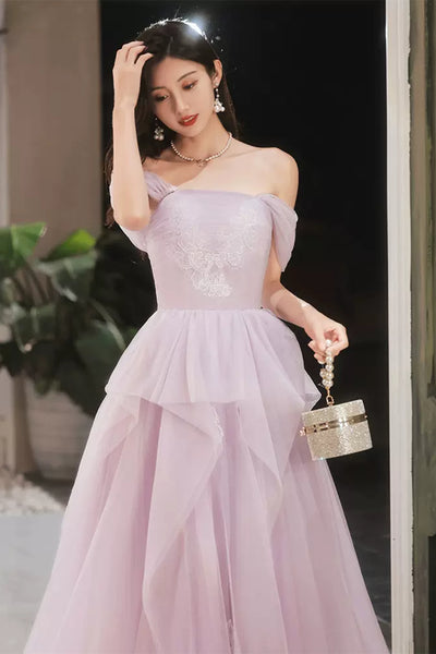 Light Purple Tulle Off Shoulder Lace Long Prom Dresses, Purple Lace Formal Dresses, Lilac Evening Dresses WT1084