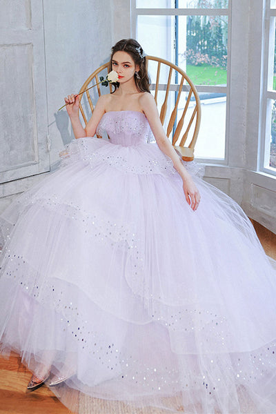 Light Purple Tulle Strapless Layered Long Prom Dresses, Light Purple Formal Evening Dresses, Lilac Ball Gown WT1086