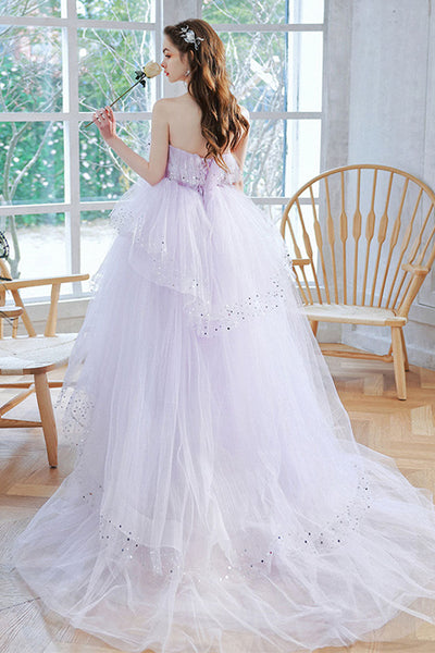 Light Purple Tulle Strapless Layered Long Prom Dresses, Light Purple Formal Evening Dresses, Lilac Ball Gown WT1086