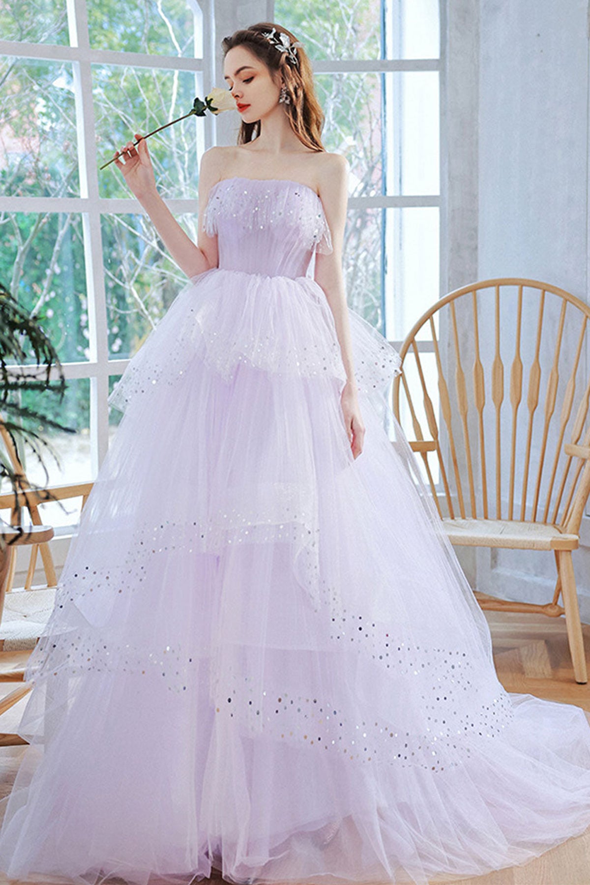 Light Purple Tulle Strapless Layered Long Prom Dresses, Light Purple F Lwt Dress Light Purple Tulle Strapless Layered Long Prom Dresses, Light Purple F Lwt Dress