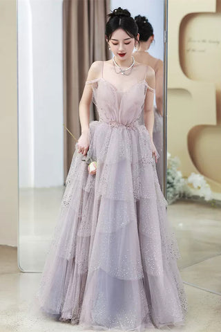 Light Purple Tulle V Neck Long Prom Dresses with Belt, Light Purple Formal Dresses, Evening Dresses WT1192