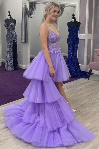 Lilac Tulle V Neck High Low Layered Lace Long Prom Dresses, Purple Lace Formal Evening Dresses, Ball Gown WT1168