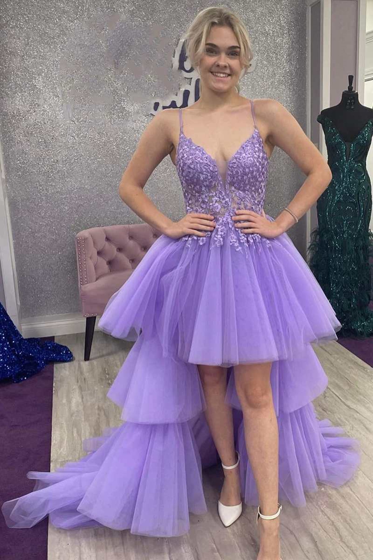 Lilac Tulle V Neck High Low Layered Lace Long Prom Dresses, Purple Lac Lwt Dress Lilac Tulle V Neck High Low Layered Lace Long Prom Dresses, Purple Lac Lwt Dress