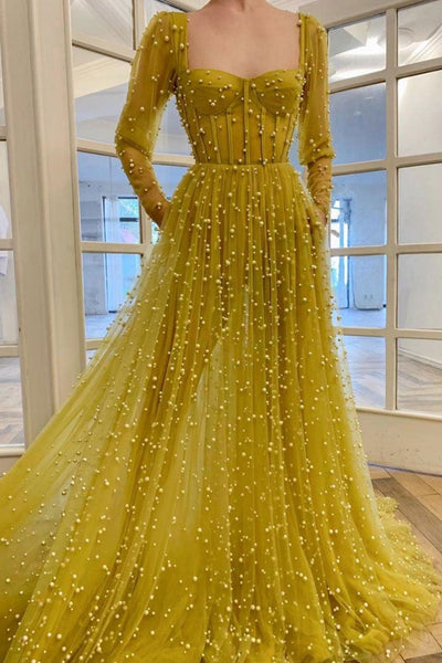 Long Sleeve Beaded Yellow Tulle Long Prom Dresses, Long Sleeves Yellow Formal Dresses, Beaded Yellow Evening Dresses