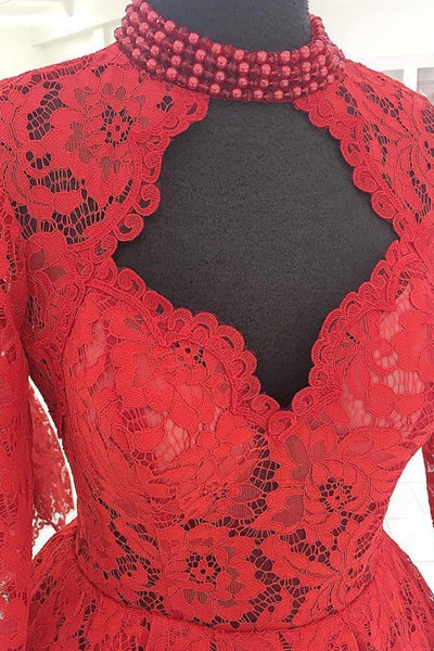 Long Sleeve High Neck Red Lace Short Prom Dresses, Red Lace Homecoming Dresses, Short Red Formal Evening Dresses
