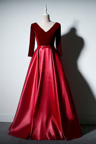 Long Sleeve V Neck Burgundy Velvet Prom Dresses, V Neck Burgundy Formal Dresses, Long Burgundy Evening Dresses