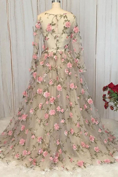 Long Sleeve V Neck Ivory Long Prom Dresses with Appliques, V Neck Ivory Floral Formal Evening Dresses