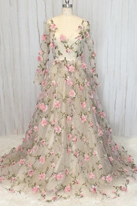 Long Sleeve V Neck Ivory Long Prom Dresses with Appliques, V Neck Ivory Floral Formal Evening Dresses