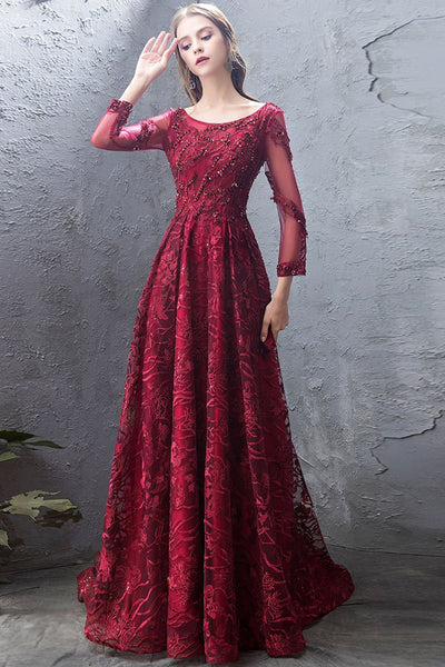 Long Sleeves Beaded Burgundy Lace Long Prom Dresses, Burgundy Lace Formal Dresses, Burgundy Evening Dresses