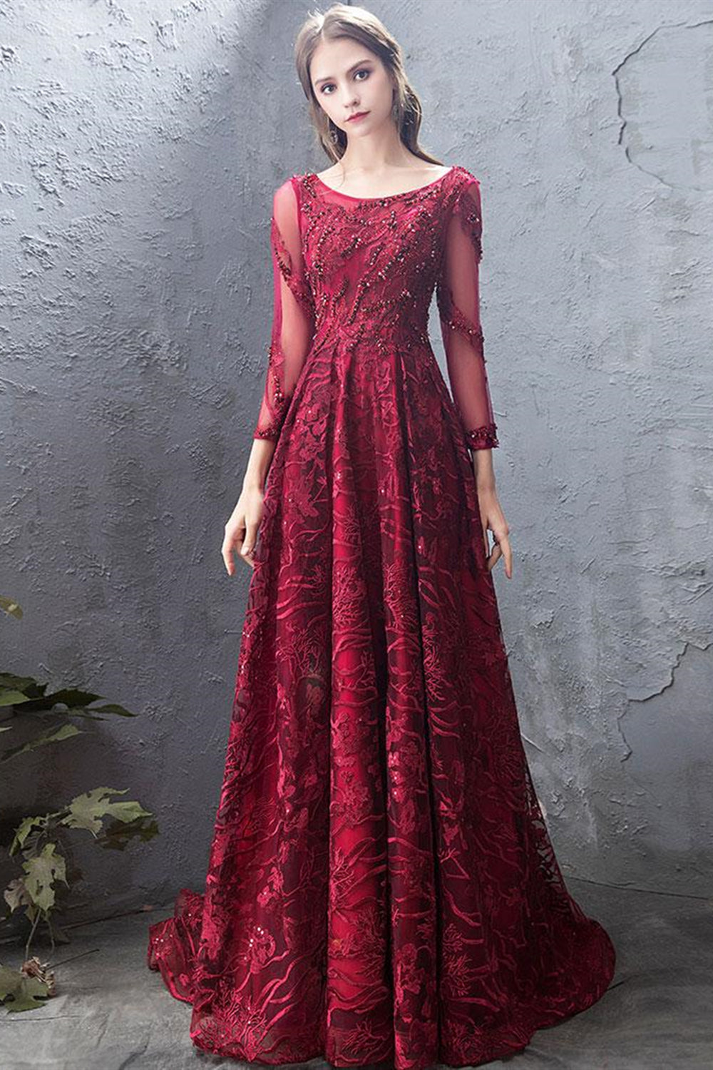 Long Sleeves Beaded Burgundy Lace Long Prom Dresses, Burgundy Lace Formal Dresses, Burgundy Evening Dresses