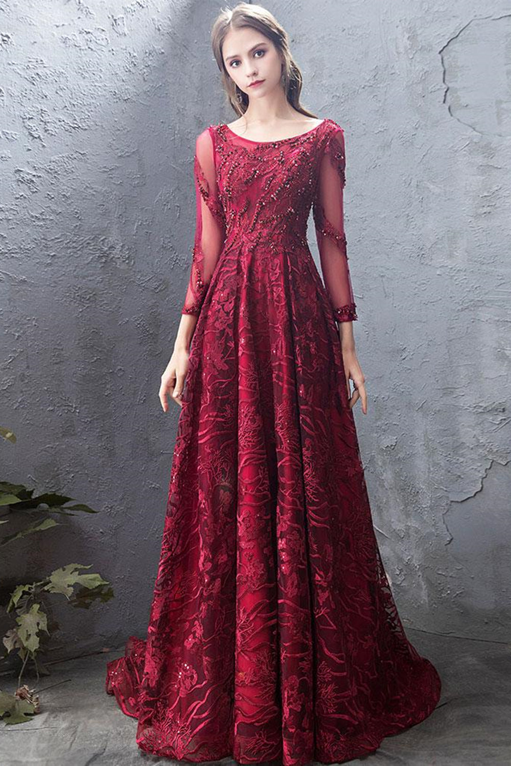 Long Sleeves Beaded Burgundy Lace Long Prom Dresses, Burgundy Lace For Lwt Dress Long Sleeves Beaded Burgundy Lace Long Prom Dresses, Burgundy Lace For Lwt Dress