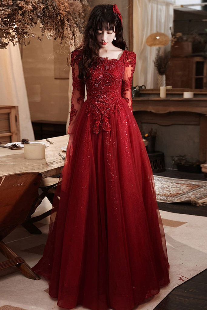 maroon long sleeve lace prom dress Long Sleeve Lace Maroon Side Slit A line Long Evening Prom Dresses, Po SposaDresses
