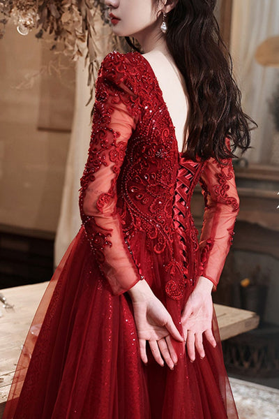 Long Sleeves Burgundy Lace Long Prom Dresses, Burgundy Lace Formal Dresses, Burgundy Evening Dresses