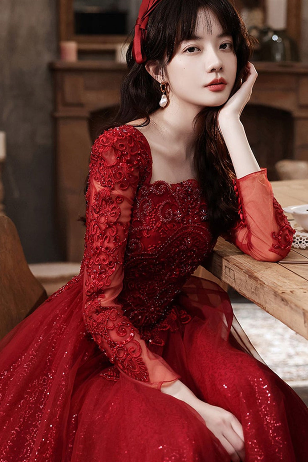 Long Sleeves Burgundy Lace Long Prom Dresses, Burgundy Lace Formal Dre   Lwt Dress