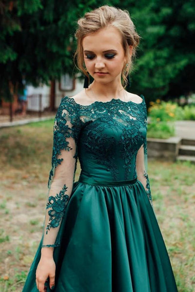 Long Sleeves Green Lace Long Prom Dresses, Green Lace Formal Dresses, Green Evening Dresses