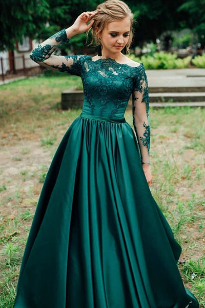 Long Sleeves Green Lace Long Prom Dresses, Green Lace Formal Dresses, Green Evening Dresses