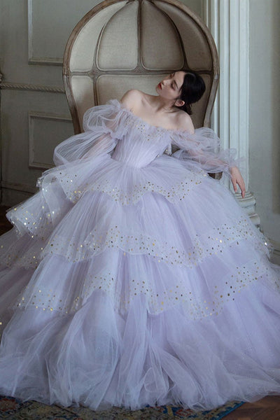 Long Sleeves Layered Light Purple Tulle Long Prom Dresses, Light Purple Formal Evening Dresses, Ball Gown
