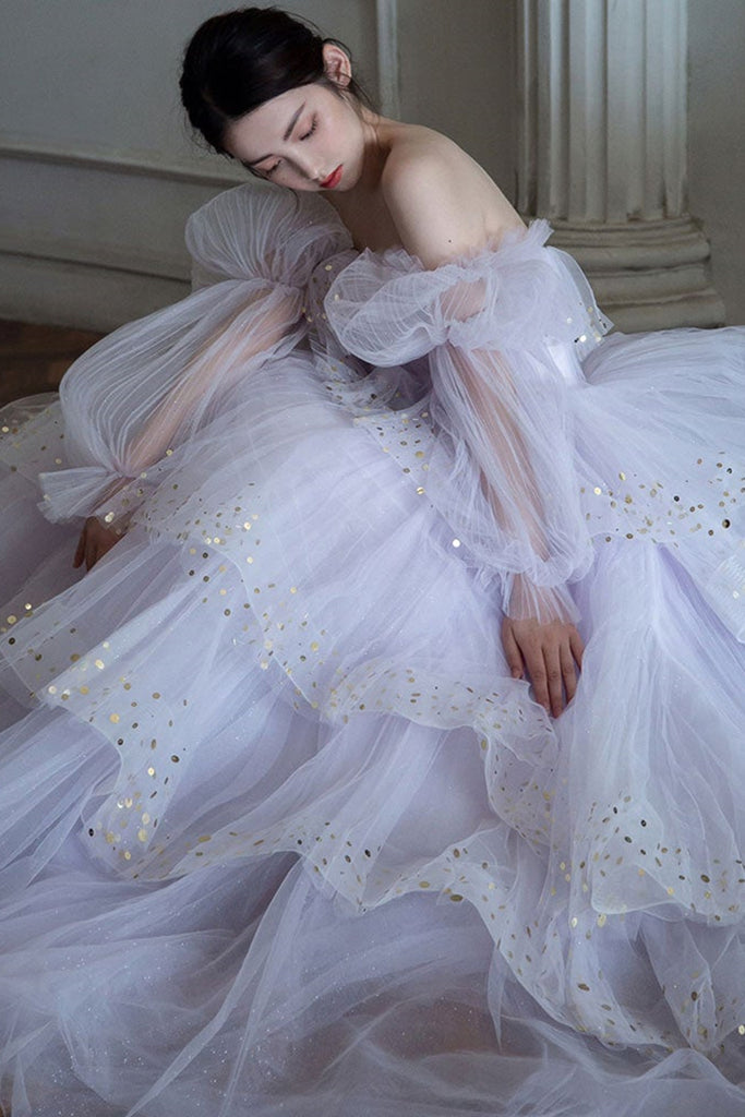 light purple long sleeve prom dress Glitter Detachable Sleeves Formal Long Prom Dress The Dress Outlet