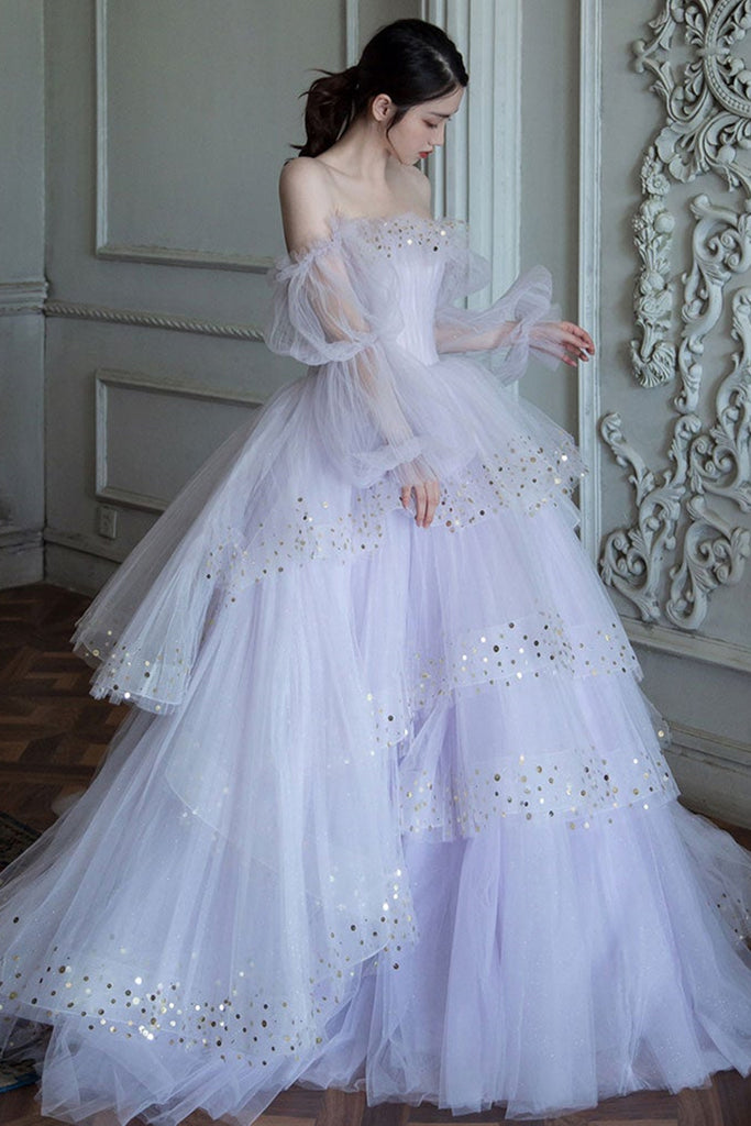 light purple prom dresses with sleeves Sparkle Princess Lavender Bustier Puff Sleeve Lace Long Prom Gown Modsele