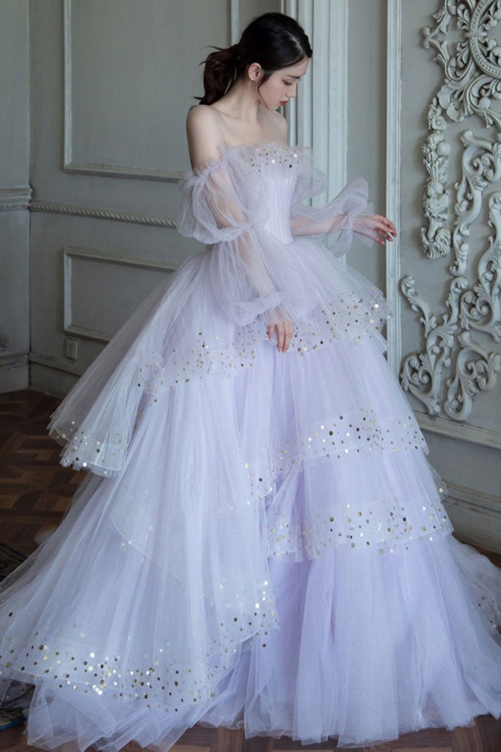 Long Sleeves Layered Light Purple Tulle Long Prom Dresses, Light Purpl Lwt Dress Long Sleeves Layered Light Purple Tulle Long Prom Dresses, Light Purpl Lwt Dress