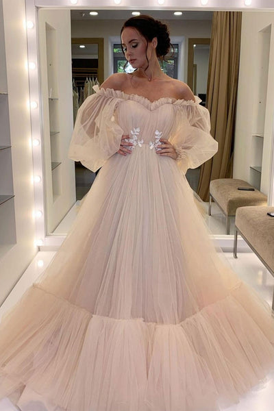 Long Sleeves Pink Tulle Long Prom Dresses, Long Pink Formal Dresses, Long Sleeves Pink Evening Dresses