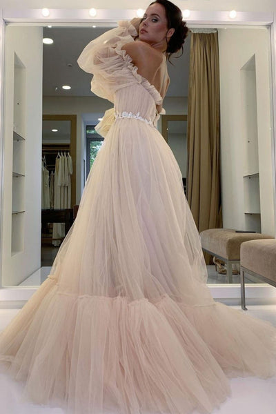 Long Sleeves Pink Tulle Long Prom Dresses, Long Pink Formal Dresses, Long Sleeves Pink Evening Dresses