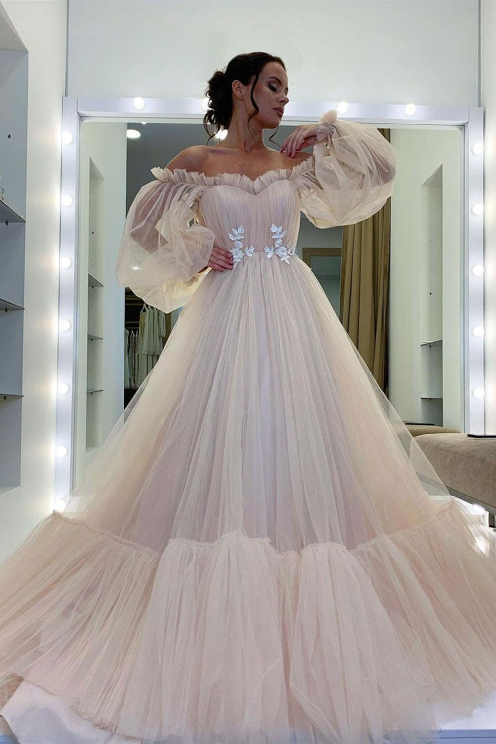 Long Sleeves Pink Tulle Long Prom Dresses, Long Pink Formal Dresses, Long Sleeves Pink Evening Dresses