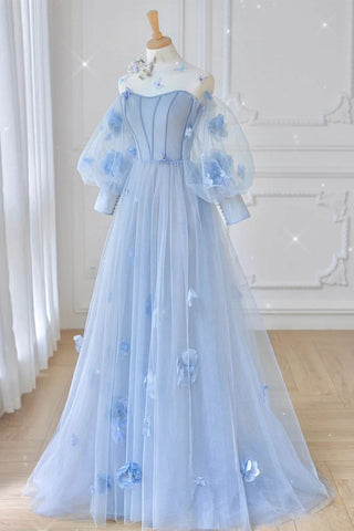 Long Sleeves Round Neck Light Blue Floral Long Prom Dresses, Light Blue Tulle Formal Dresses, Light Blue Evening Dresses with Flowers