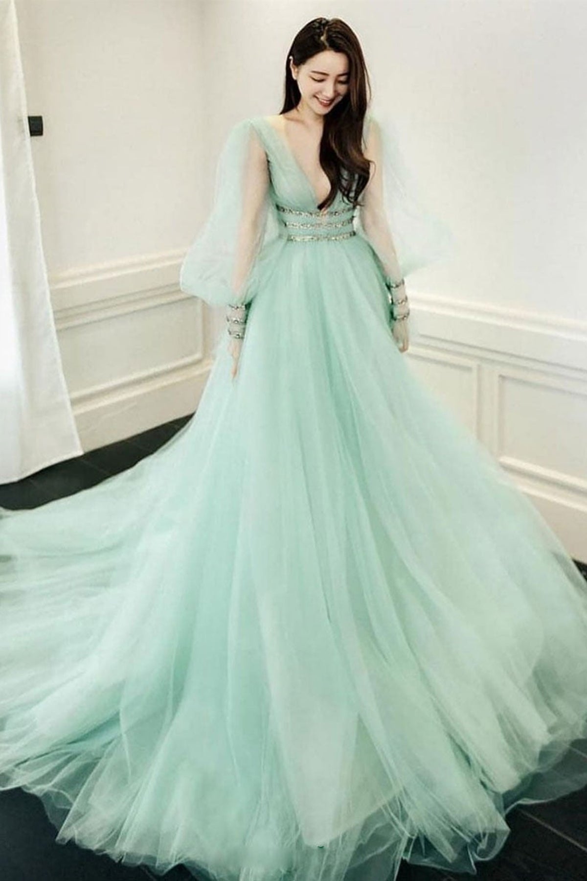 Long Sleeves V Neck Mint Green Tulle Long Prom Dresses, Long Sleeves G Lwt Dress Long Sleeves V Neck Mint Green Tulle Long Prom Dresses, Long Sleeves G Lwt Dress